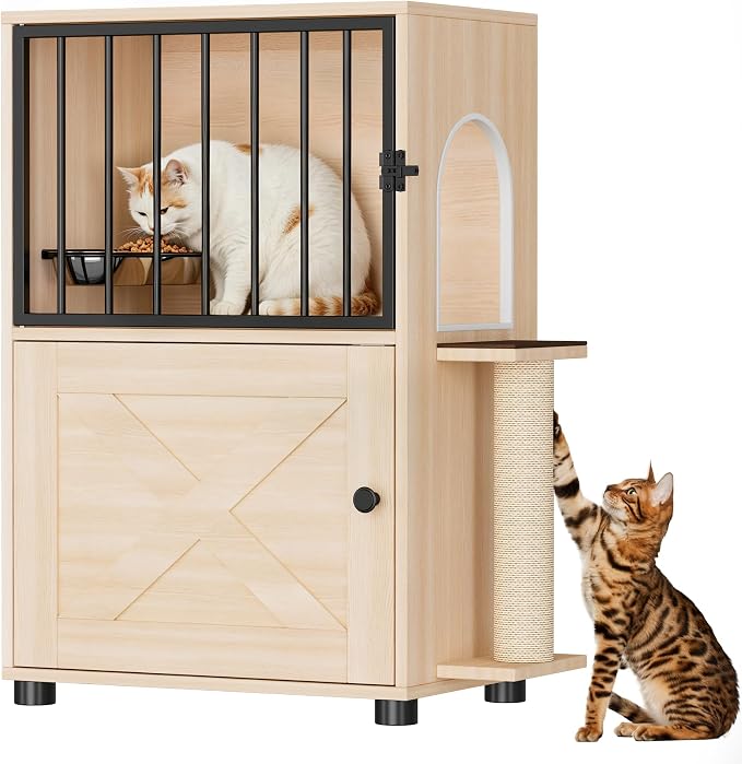 Dog Proof Cat Feeding Station, Dog Proof Cat Feeder, Cat Food Table | Cat Feeding Station with Scratching Post, Elevated Cat Food Bowls with Stand, Pet Food Storage Cabinet, Cat House Furniture