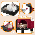 DUMOS Small 44 Inches Cat Tree Tower, Black and Red | Cat Climbing Tower with Natural Sisal Scratching Posts, Hammock, Pet Condo for Indoor Cats and Kittens Play