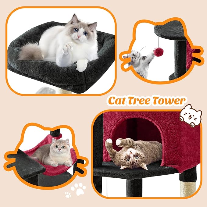 DUMOS Small 44 Inches Cat Tree Tower, Black and Red | Cat Climbing Tower with Natural Sisal Scratching Posts, Hammock, Pet Condo for Indoor Cats and Kittens Play