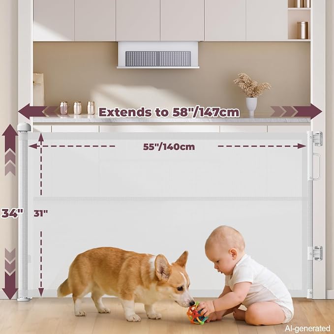 2Pack Retractable Baby Gates for Stair, 58" Extra Wide Mesh Dog Gate | Child Gate for Toddler Pet, Indoor and Outdoor Use, Easy Install, 34" Height, White