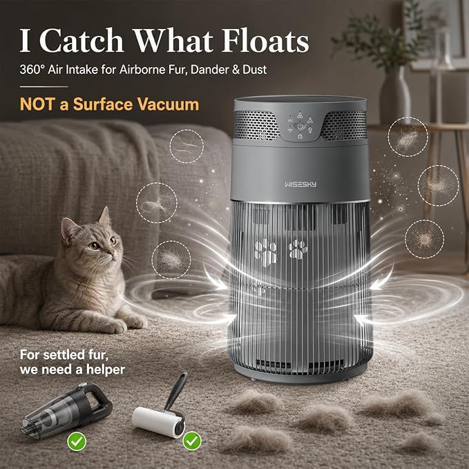 WISESKY Cat Air Purifier with Bite-Resistant Cord & Wide Grille and Tip-Over Protection | Air Purifier for Home with 360° Air Intake for Pet Hair | APP Control | Covers Up to 1644 Sq.Ft