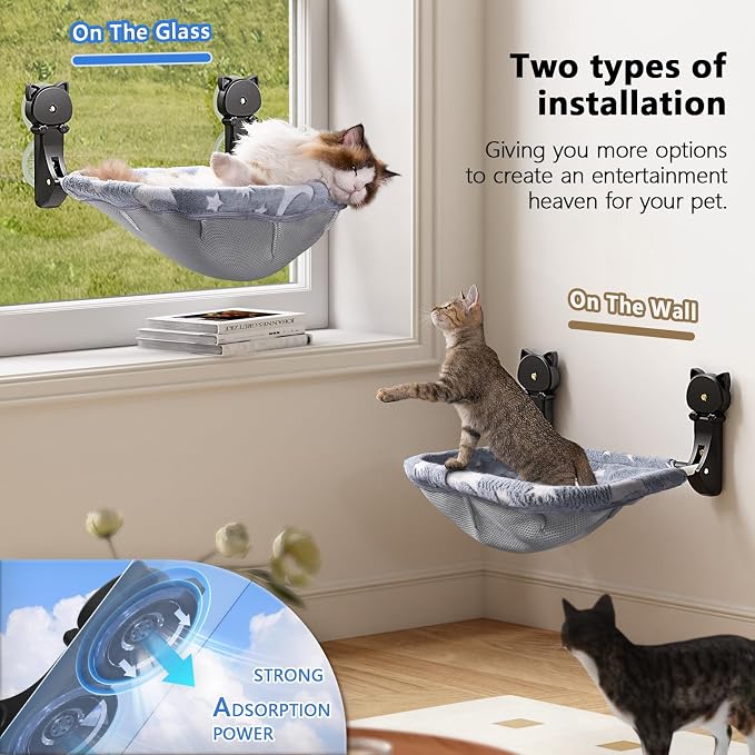 Cat Window Perch Cordless, Glow in The Dark & Stable Cat Beds- Breathable Window Hammock for Overlooking, Sunbathing and Climbing - Maximum Hold Up to 40lb(Grey)