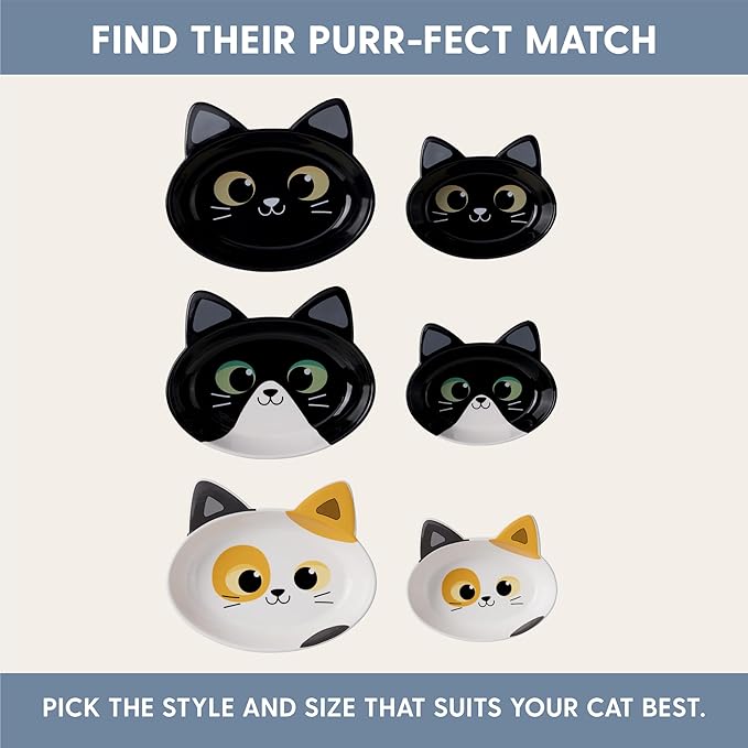 The Cat Ladies Ceramic Cat Bowls - Whisker Friendly Food Bowl - Cute Pet, Kitten Plates - Dishes for Indoor Cats - Dish for Wet Food & Water - Platos para Gatos - Black and White Cat, Small