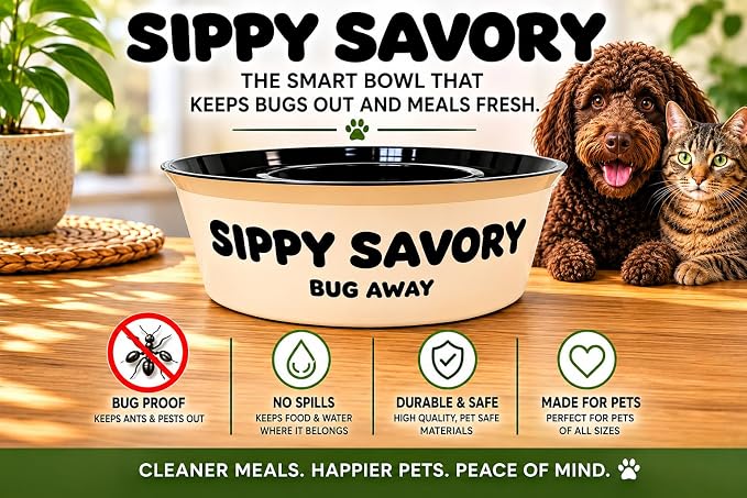 Ant Proof Dog Bowl & Cat Bowl with Water Moat by Sippy Savory® - Bug Proof Pet Feeding Bowl, BPA-Free Non-Slip Food Bowl for Indoor & Outdoor Dogs and Cats, Dishwasher Safe, Beige and Black.