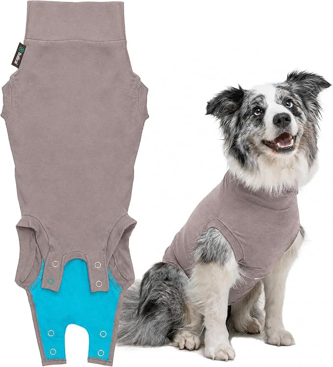 Suitical - The Original Dog Surgery Recovery Suit - Replace E-Collar & Cone - Spay, Neuter, Wounds, Prevent Licking - Medium - Neck to Tail 21.7–27.2in - Chest 27-37in - Weight 40-50lbs Sandstone Grey