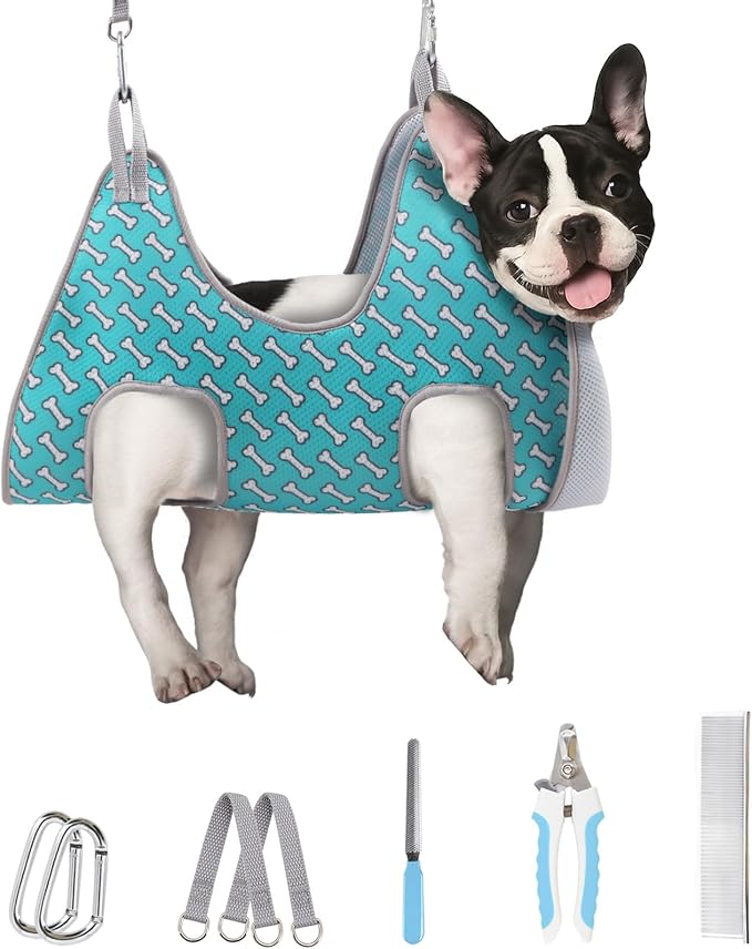 Supet Dog Grooming Hammock for Nail Trimming, Pet Grooming Hanging Harness | Restraint Dog Leashes Sling, Stress-Free Animal Holder Set for Clipping Nails, Ear & Eye Cleaning, Medicine(Coral Blue, 2XS)