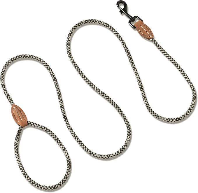 Mile High Life Thin Small Dog Leash with Genuine Leather Connection | Rope Leash, Heavy Duty 360° Swivel Metal Clasp, for Small Medium & Large Dogs (Black Khaki, 48 Inch)