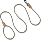 Mile High Life Thin Small Dog Leash with Genuine Leather Connection | Rope Leash, Heavy Duty 360° Swivel Metal Clasp, for Small Medium & Large Dogs (Black Khaki, 60 Inch)