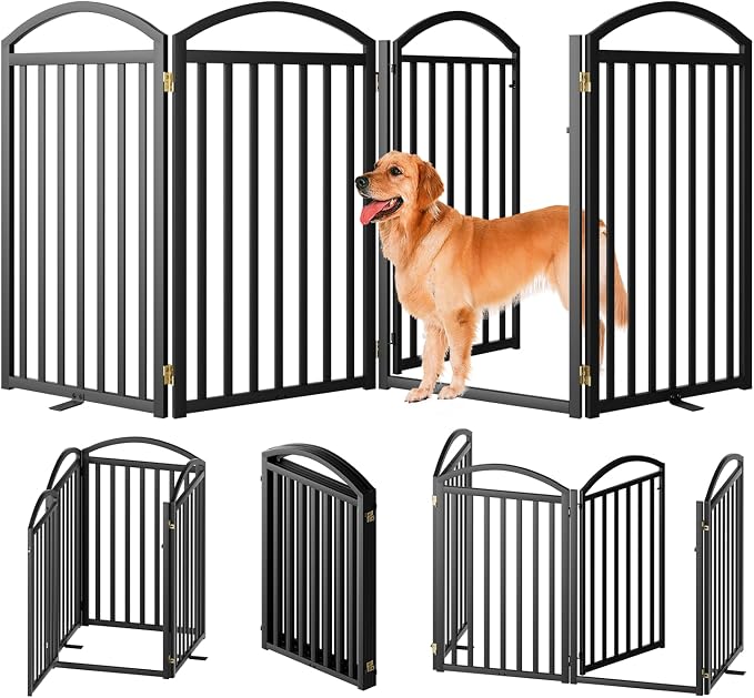 SNUOWU 4 Panels Full Matel Freestanding Dog Gates with Door, 96"Extra Wide 36"Tall Free Standing Dog Pet Gate for Indoor & Outdoor. Foldable Pet Fences for Doorways, House, Stairs, Porch, Deck, Yard