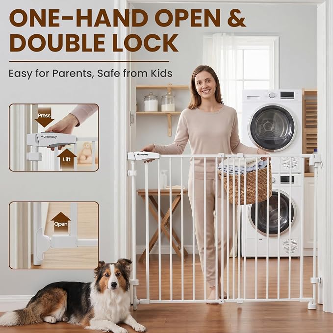 Mumeasy 36" Tall Baby Gate for Stairs, 29.5-43.3" Expandable Hardware Mounted (Drill Needed), Removable No Bottom Bar Dog Gate, Auto Close Wide Walk Thru Safety Gate for Doorways, Pets& Toddlers,White