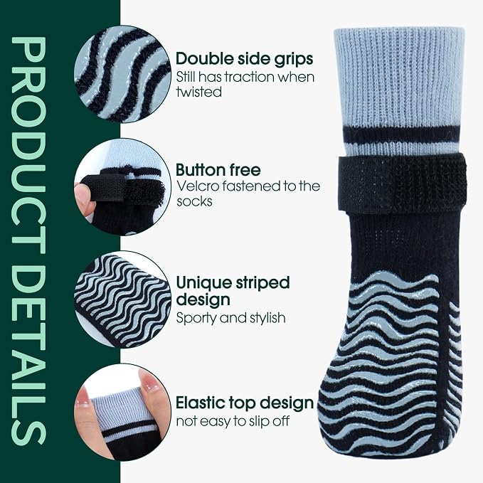 Kuoser Non Slip Dog Socks for Hardwood Floors, Dog Grippy Socks with Double-Sided Traction, Anti Slip Dogs Booties Paw Protectors to Prevent Licking Paws for Small Medium Large Senior Dogs, 4 Pack-L