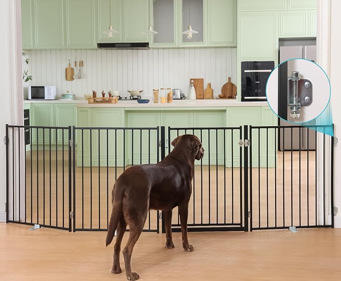 No Pawblems Full Metal Freestanding Dog Gate with Door, 30" Tall | Foldable Pet & Dog Fence for Stairs/Deck/Doorways, Indoor/Outdoor, Freestanding & Wall Mount, 104" Wide, 4 Panels, Black