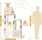 Heybly Cat Tree 72.4-Inch Anti-Tip Cat Tower with Spacious Perches HCT060MJ | All-in-One Cat Furniture for Large Cats, Multiple Interactive Areas, Extra-Large Sisal Scratching Board, Beige