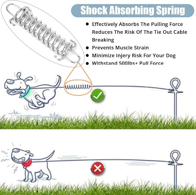 jenico Dog Tie Out Cable - 25ft Dog Lead for Yard - Heavy Duty Dog Chain with Shock Spring - Outdoor Tether Leash for Small Large Dogs Up to 500 lbs