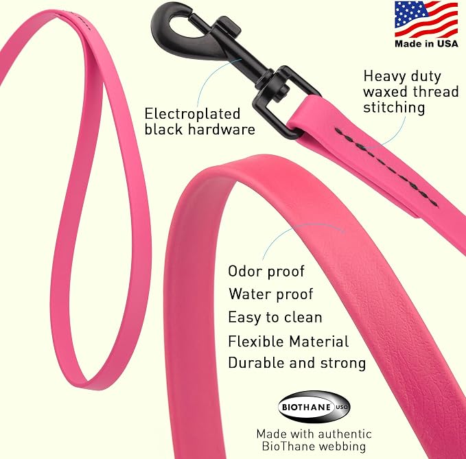 Dogline Biothane Waterproof Dog Leash 2/4/6 Ft Strong Coated Nylon Webbing with Black Hardware Odor-Proof Easy to Clean High Performance for Small or Large Dogs Made in USA, Passionfruit Pink