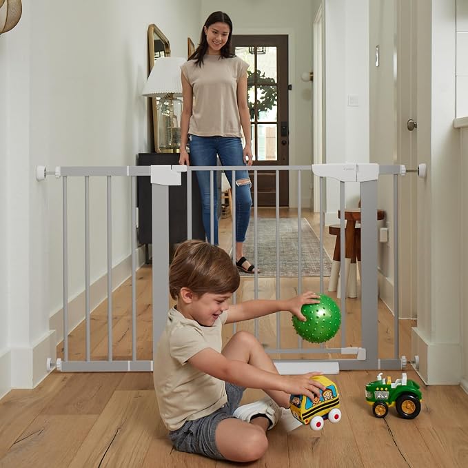 Cumbor 30-46" Baby Gate for Stairs, Auto Close Dog Gate Indoor Gray | Easy Install Pressure Mounted Pet Gates for Doorways & Hallways, Dual Lock Easy Walk Thru Safety Gate Indoor for Kids and Pet