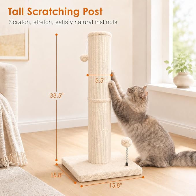 Carpet Cat Scratching Post Heavy Duty for Indoor Large Cats,Beige | Thick Scratch Post for Adult Cats | Carpeted Cat Tree Tower | Tall Cat Scratcher| Couch Furniture Protector| Interactive Toys