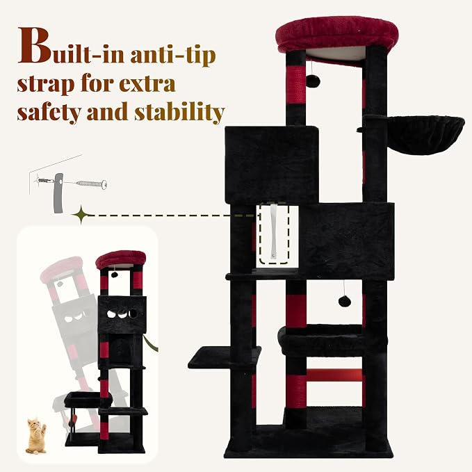 Hey-brother Cat Tree Tower with Stable L-Shaped Widen Base, Condo, MPJ086BR | 68.5 Inches Multi-Level Furniture with 2 Platforms, 11 Scratching Posts, Hammock and Toys Ball for Indoor Cats, Black and Red