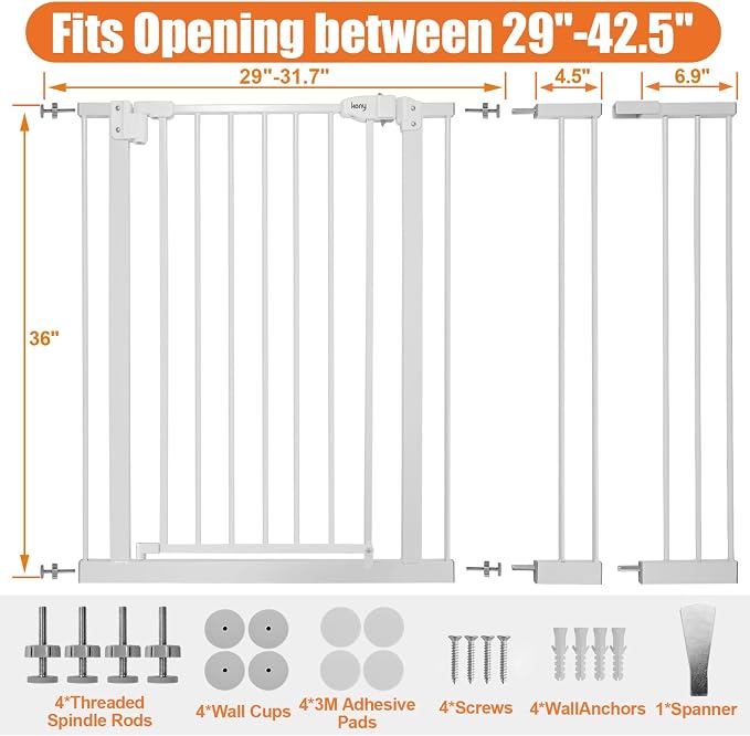 keny 36" Extra Tall Baby Gate for Stairs, 29-42.5" Wide Auto Close Dog Gate | Pressure Mounted Easy Walk Through Pet Gate for Doorways, Durable Safety Stair Gate, White