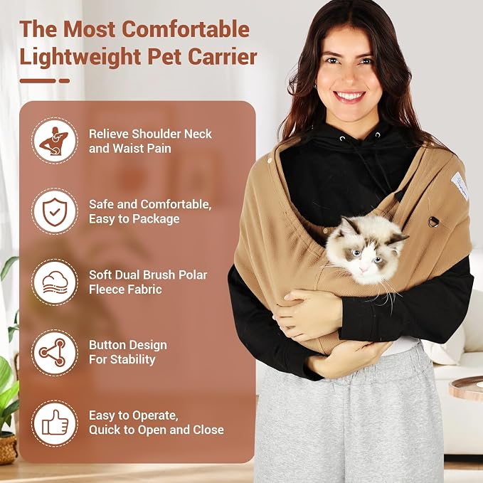 Cat Sling Carrier, Hands-Free Pet Sling for Small Dogs & Cats | Ultra-soft polar fleece, machine washable, fits 3-14 lbs, Perfect for indoor snuggling & outdoor walks, Large, Khaki