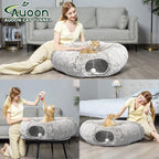 AUOON Plush Cat Tunnel Bed for Indoor Cats, 36" L x 36" W x 11.5" H, Khaki | 2 in-1 Interactive Cat Toy, with Hanging Ball Toy, Machine Washable Center Pad, for Kitten Puppy Rabbit Ferret