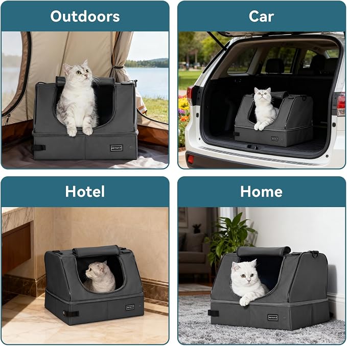 PETSFIT Portable Travel Cat Litter Box with Lid – Collapsible, Leak-Proof & Washable 2-Layer Liner, Sturdy Support Frame, for Hotel/Car/Camping, Cat Travel Essentials for Kitty/Medium Cats Grey