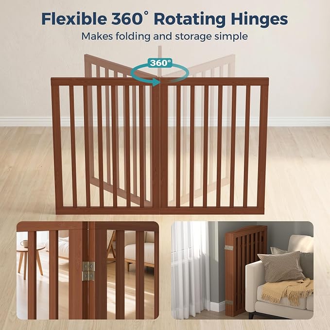 Homykic Dog Gate Indoor, 94.5" W x 30" H Extra Wide Foldable Bamboo Pet Gate with Door, No Assembly Freestanding Dog Fence with 2 Support Feet & 360°Hinges for Doorways Hallways (Walnut, 4 Panels)