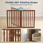 Homykic Dog Gate Indoor, 142" W x 30" H Extra Wide Foldable Bamboo Pet Gate with Door, No Assembly Freestanding Dog Fence with 2 Support Feet & 360°Hinges for Doorways Hallways (Walnut, 6 Panels)