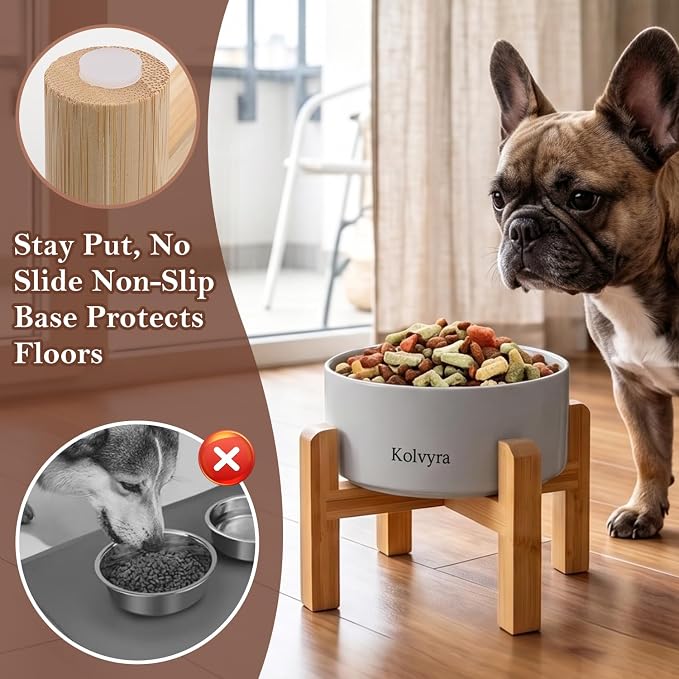 6" Elevated Ceramic Dog Bowl, Anti-Vomiting 23oz for Small Dogs | Premium Food-safe Ceramic with Anti-slip Wood Stand,Dishwasher Safe,Ergonomic Height Relieves Neck Strain,Grey