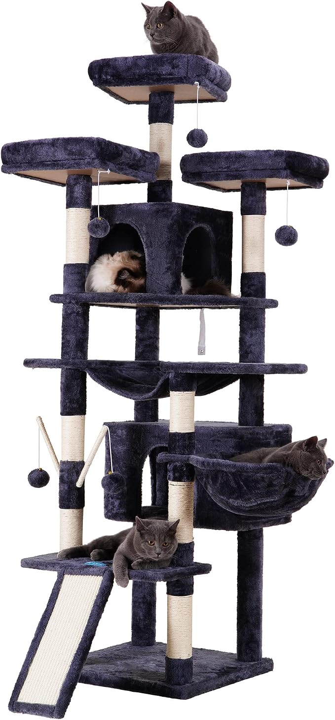 Hey-brother Cat Tree Tower with Stable Multi-Level Padded Perches, MPJ034G | 71 Inches Large Cat House with 3 Platforms, Basket, 2 Cozy Condos, Scratching Posts, Toys Ball for Indoor Cats, Smoky Gray