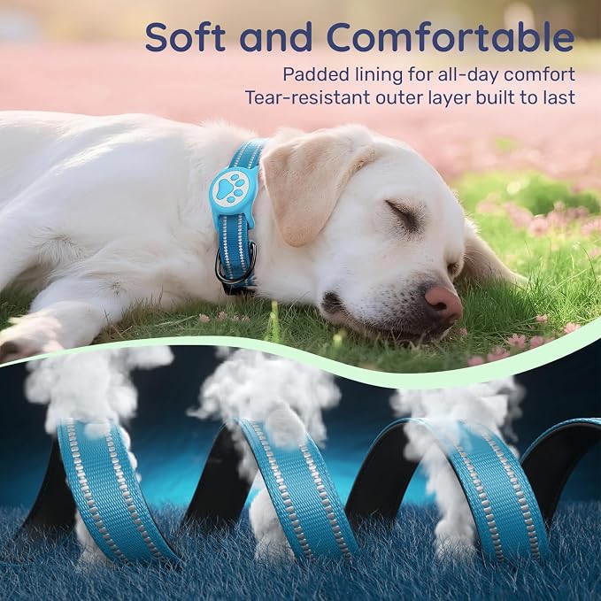 Airtag Dog Collar, Reflective Ultra-Durable Nylon Padded with QR Code Buckle & IP68 Waterproof Air Tag Holder Compatible for Apple AirTag, Comfortable for Small Medium Large Dogs(Blue,L)