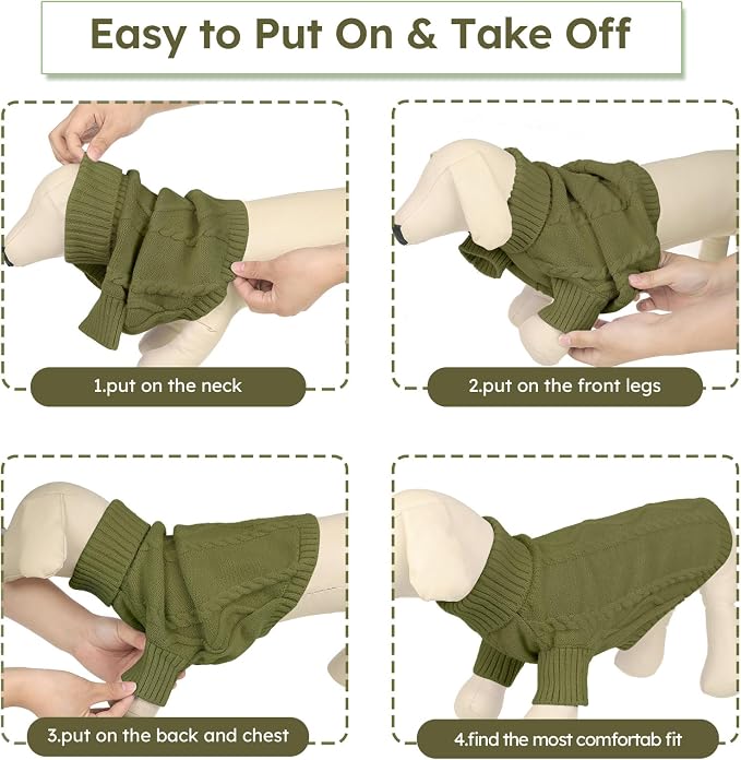 Queenmore Small Dog Pullover Sweater, Cold Weather Cable Knitwear, Classic Turtleneck Thick Warm Clothes for Chihuahua, Bulldog, Dachshund, Pugl,OliveGreen,M