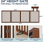 Homykic Bamboo Freestanding Dog Gate, No Assembly Pet Gate Indoor, 24”H x 75”W Extra Wide Foldable Puppy Barrier Fence with Support Feet for the House, Doorways Stairs, 4 Panels, No Drillings, Walnut