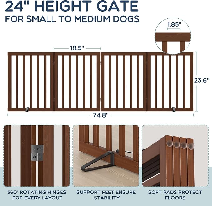 Homykic Bamboo Freestanding Dog Gate, No Assembly Pet Gate Indoor, 24”H x 75”W Extra Wide Foldable Puppy Barrier Fence with Support Feet for the House, Doorways Stairs, 4 Panels, No Drillings, Walnut