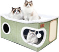 Extra Large Cat Beds for Indoor Cats, Covered Cat Cave Beds & Furniture with Scratch Pad and Fluffy Ball, Foldable Condo Hideaway with Reversible Cushion for Multi Small Pet Large Kittens, Green