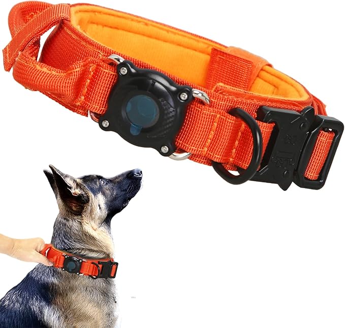 AirTag Dog Collar for Large Dogs Tactical Dog Collar with AirTag Holder | Upgrade Waterproof,Control Handle,Quick-Release Metal Buckle,1000D Nylon Fabric,Soft-Padded Webbing,Velcro Patch(Orange,XXL)