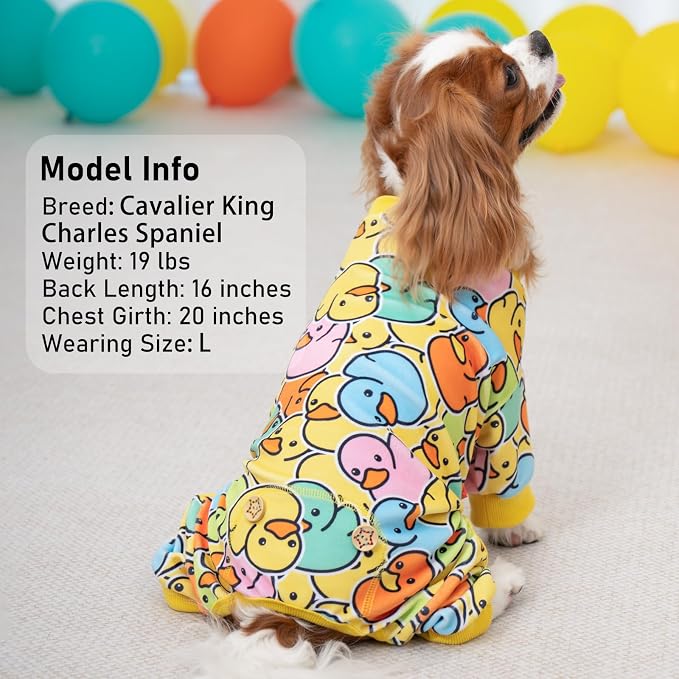 KYEESE Dog Pajamas Comfy Dogs Clothes Stretchable Pet Jammies Colorful Duck Printing Dog Onesie Stretchy Doggie Costumes Soft Pet Pjs Velvet Pets Coat Soft Doggie Pajamas for Small Dogs, Medium
