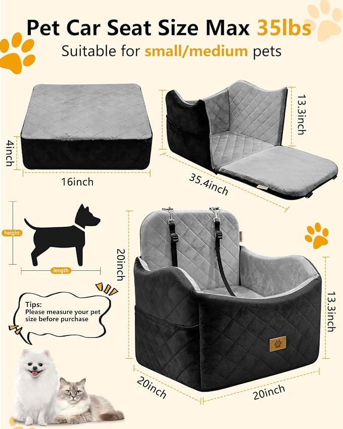 Dog Car Seat for Small/Medium Dogs Up to 35lbs, 2-in-1 Pet Car Seat with Memory Foam, Detachable Washable Dog Bed for Cars, Pet Booster Carseat with Storage Pockets Fits Front/Back Seats (Black/Grey)
