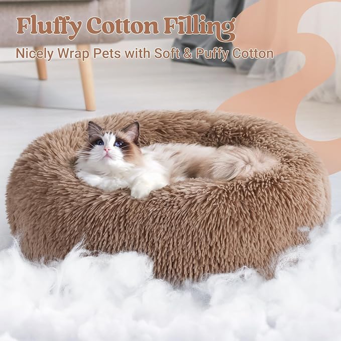 rabbitgoo Calming Cat Beds for Indoor Cats, 20 inches, Light Brown | Soft Warm Donut, Fluffy Faux Fur, Supportive Raised Rim, Anti-slip, Machine Washable, Up to 15lbs Kittens & Small Cats