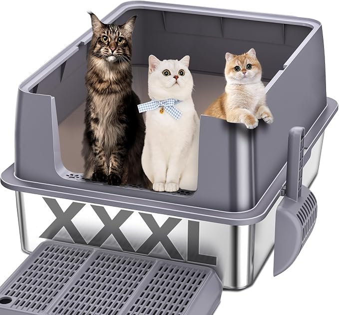 Stainless Steel Litter Box , 28"L*20"W*12"H XXL Extra Large Litter Boxes with lid ,Metal Litter Box with Hight Sides for Big Cats& Multiple Cats,Never Absorbs Odors, Anti-Urine Leakage, Easy Cleaning