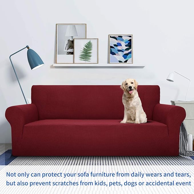 MAXIJIN Super Stretch Couch Cover for 3 Cushion Couch, 1-Piece Universal Sofa Covers Living Room Jacquard Spandex Furniture Protector Dogs Pet Friendly Fitted (Extra Large, Wine Red)