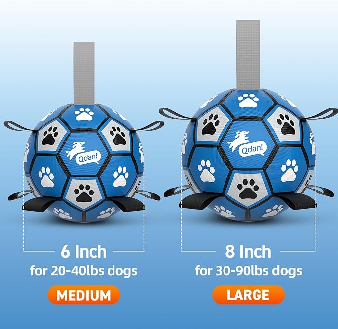 QDAN Dog Ropes Toys, Soccer Ball with Straps, Tug of Toy, Dog Birthday Toy | 8 Inch Soccer Toy with Straps, Dog Tug Toy for Tug of War, Puppy Birthday Gifts, Training Herding Balls for Outdoor, Blue