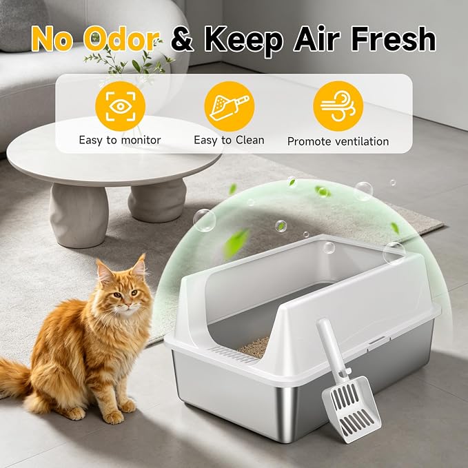 XL Stainless Steel Litter Box with High Sides for Large Cats | Extra Large Tall Wall Open Top Deep Metal Pan, Anti-Leak Non-Stick Odor Control