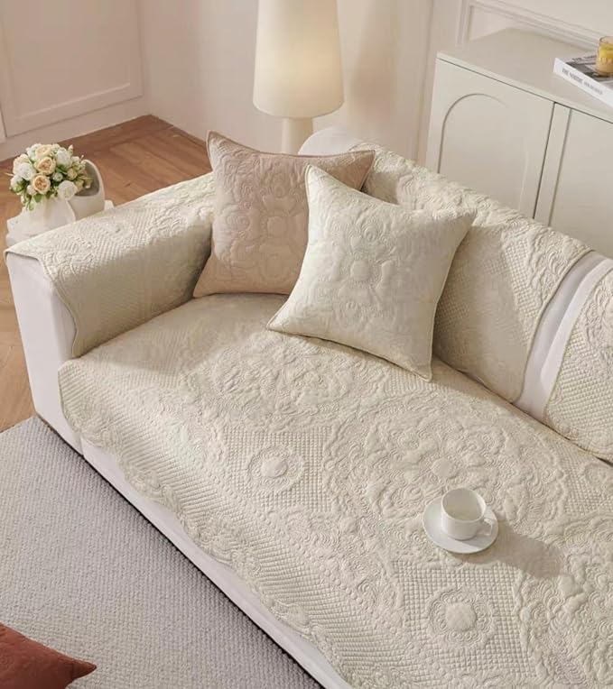 Luxury Vintage Cotton Embroidery Sofa Cover Soft Farmhouse Seat Cushion Cover Floral Quilted Sectional Couch Cover Anti-Slip Sofa Slipcovers Furniture Protector for Dogs Cats (Beige,28"x28")