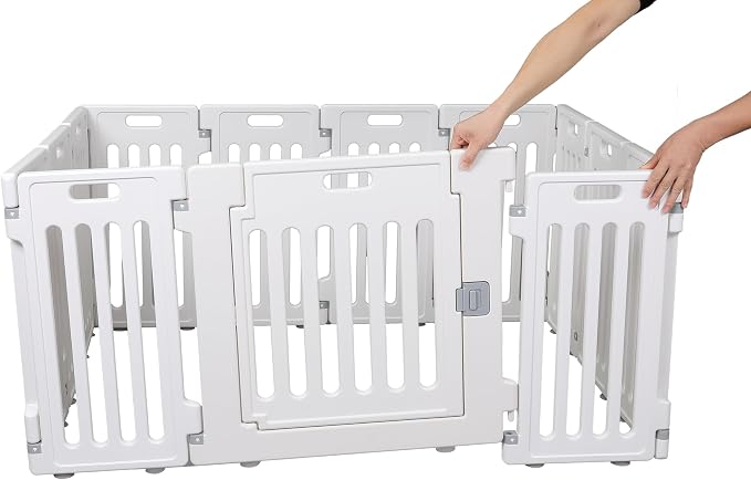 BIRDROCK HOME Pet Playpen with Door | 12 Panel | Strong Plastic | Puppy Safety Fence Pen Playpen | Non-Slip and Secure Dog Gate | White