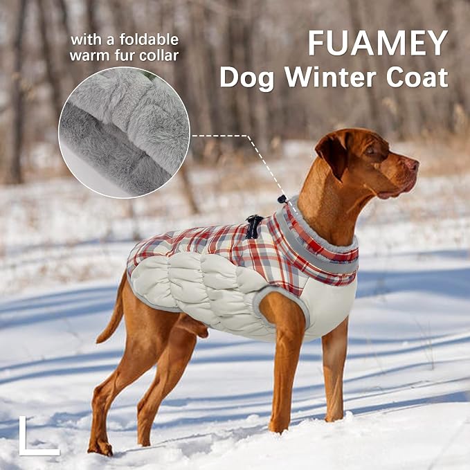 FUAMEY Dog Jacket for Large Dogs Warm Dog Jackets with Harness Built in | Dog Winter Jacket Cold Weather Snow Puppy Vest Water-Resistant Zip up Dog Fleece Jackets High Visibility Red Plaid XXL