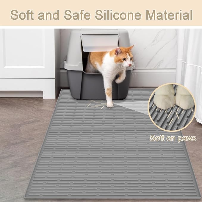 XXL Silicone Cat Litter Mat, 40"x30"(100cmx75cm) Extra Litter Box Mat for Floors, Non-Slip Litter Trapping Mat to Prevent Tracking, Easy to Clean Kitty Litter Catcher Mat, Durable, Gray Blue