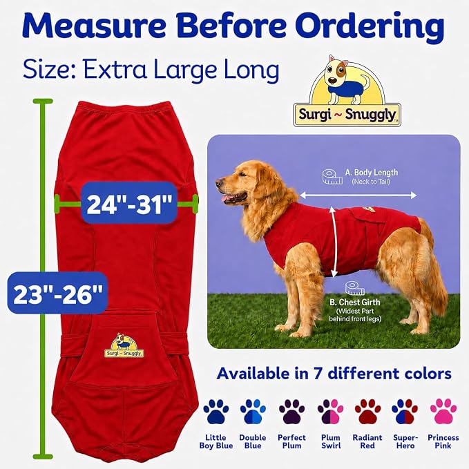 SurgiSnuggly Veterinary Invented Dog Surgical Recovery Suit for Female Spay or Male Dogs Neuters Onesie,Cone Alternative, Original Onesie Bodysuit for After Surgery Small, Medium, Large Dogs XLL Red