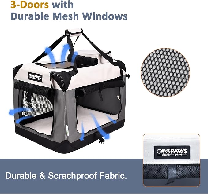 JESPET Soft Dog Crates Kennel for Pets, 3 Door Soft Sided Folding Travel Pet Carrier with Straps and Fleece Mat for Dogs, Cats(7-Light Grey, Small(24" L x 16.5" W x 16.5" H))