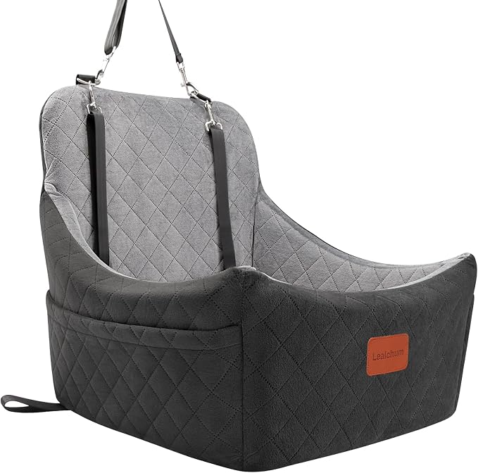 Lealchum Dog Car Seat for Medium Dogs Up to 40lbs,Fully Detachable and Washable,Memory Foam Covered Soft Fabric,Easy to Install with Adjustable Straps,Anti-Slip Base,2 Side Pockets(Black/Grey,Medium)
